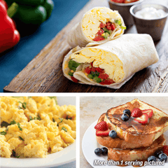 Prepared egg powder: egg burrito wrap, scrambled eggs, french toast. More than one serving pictured.